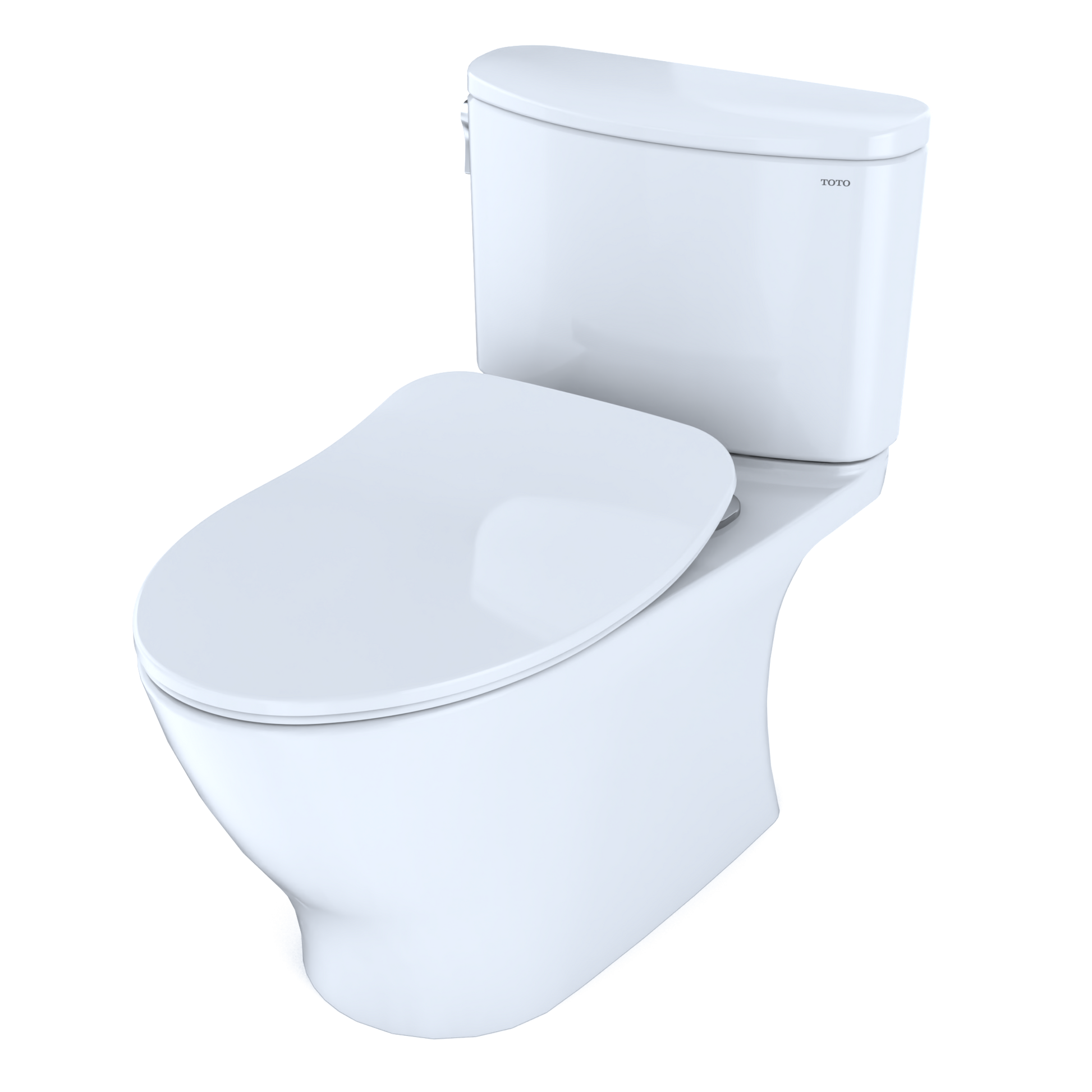 White two-piece elongated toilet with soft-close seat and matching tank.