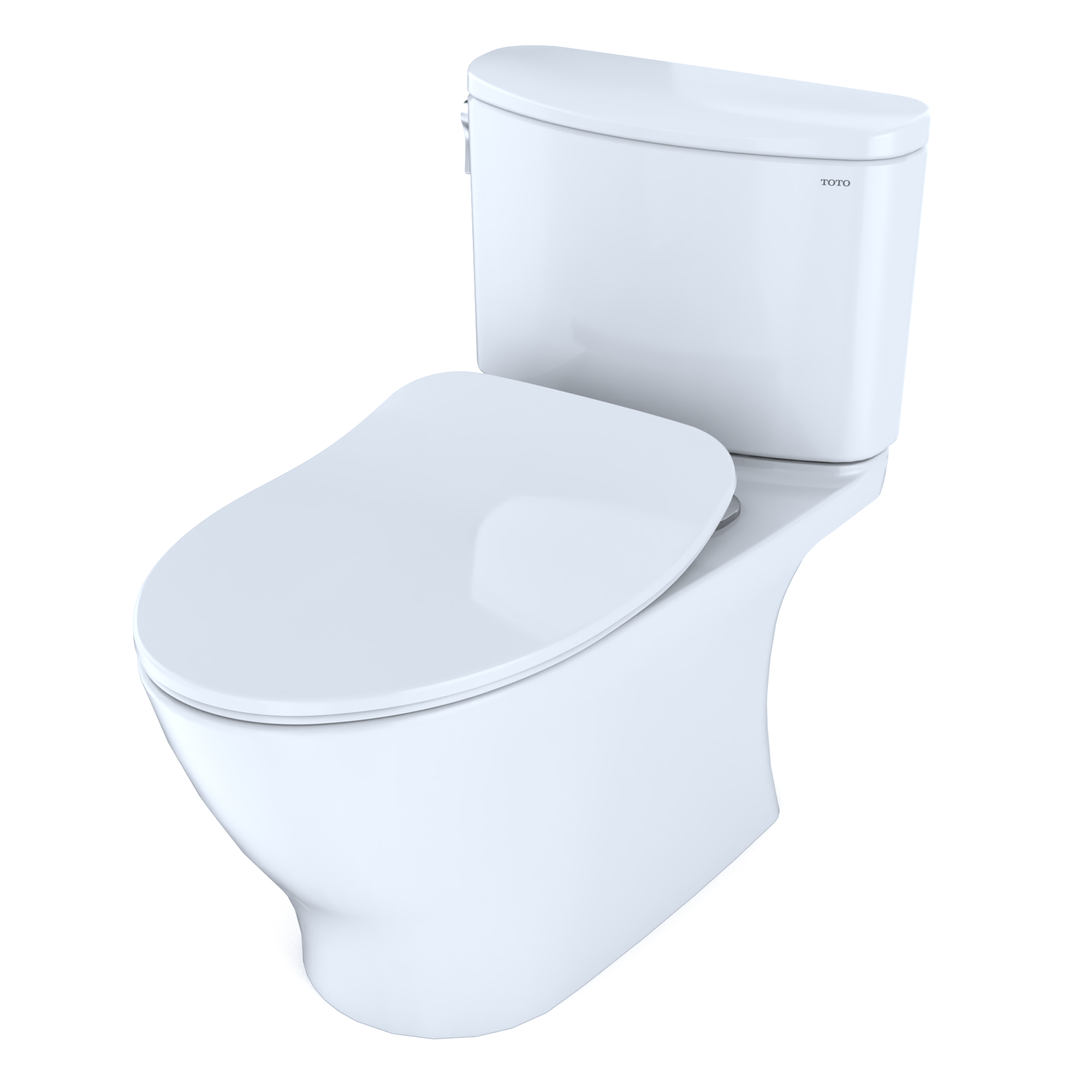 White two-piece elongated toilet with soft-close seat and matching tank.