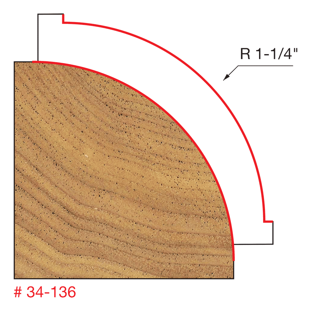 Diagram showing 1-1/4" radius rounding over bit profile with curved red cutting edge on wood sample cross-section.