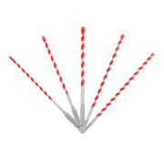 Five red and gray carbide-tipped hammer drill bits of varying sizes arranged in a fan pattern.