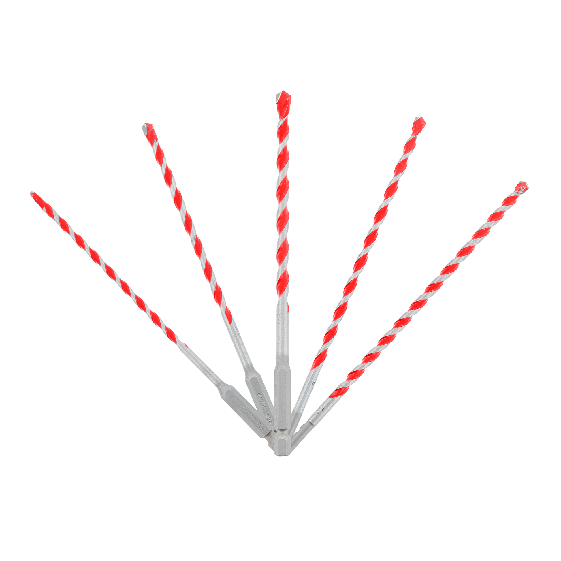 Five red and gray carbide-tipped hammer drill bits of varying sizes arranged in a fan pattern.