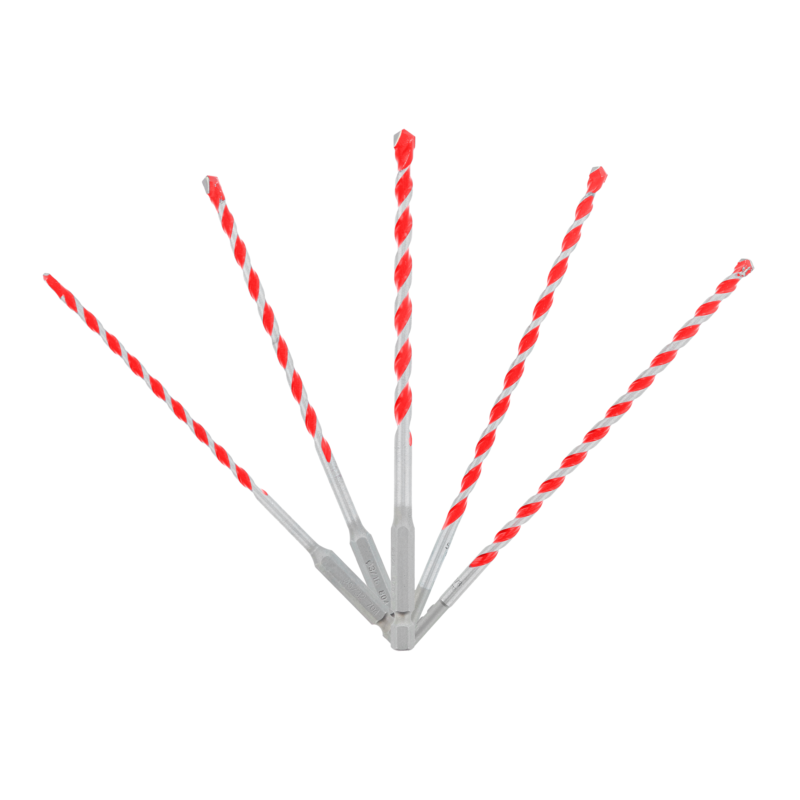 Five red and gray carbide-tipped hammer drill bits of varying sizes arranged in a fan pattern.