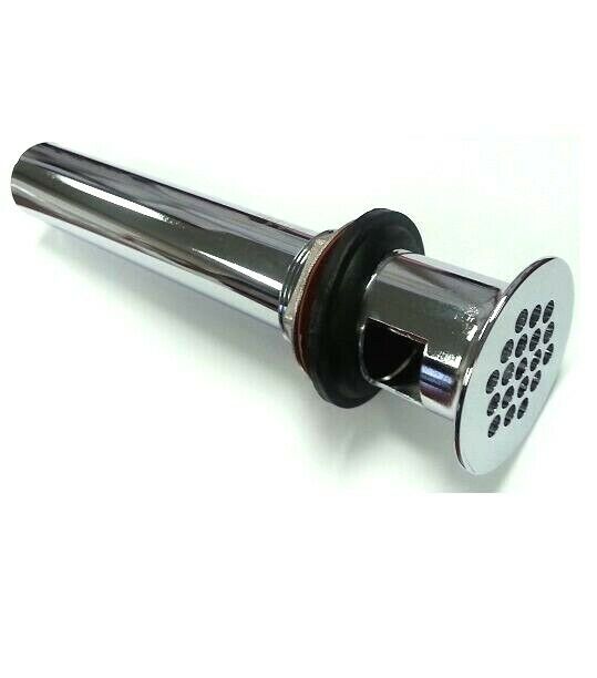 Chrome lavatory grid drain with cylindrical metal body and perforated circular strainer head.