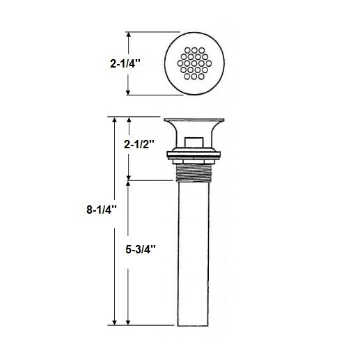 Chrome commercial lavatory grid drain with circular perforated face and cylindrical body, dimensions labeled.