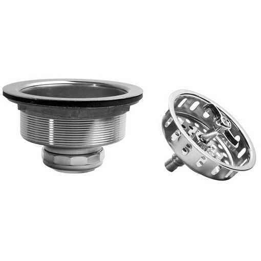 Stainless steel sink strainer with spin and lock basket shown from two angles: assembled bowl view and disassembled basket de