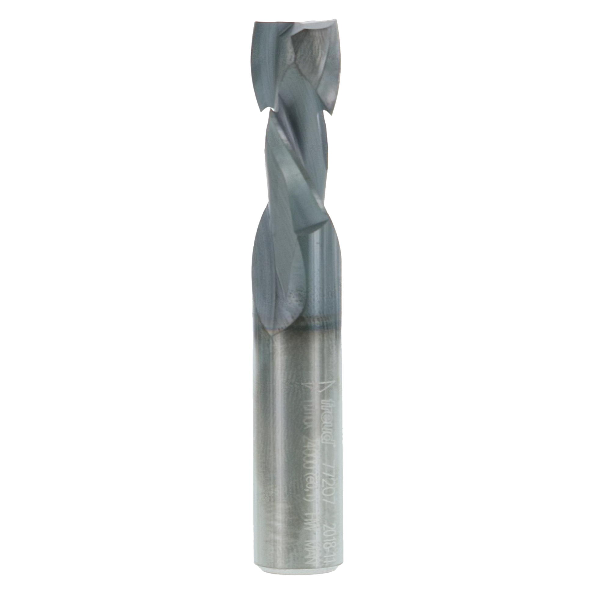 Gray metal router bit with double compression cutting edges and cylindrical shank.