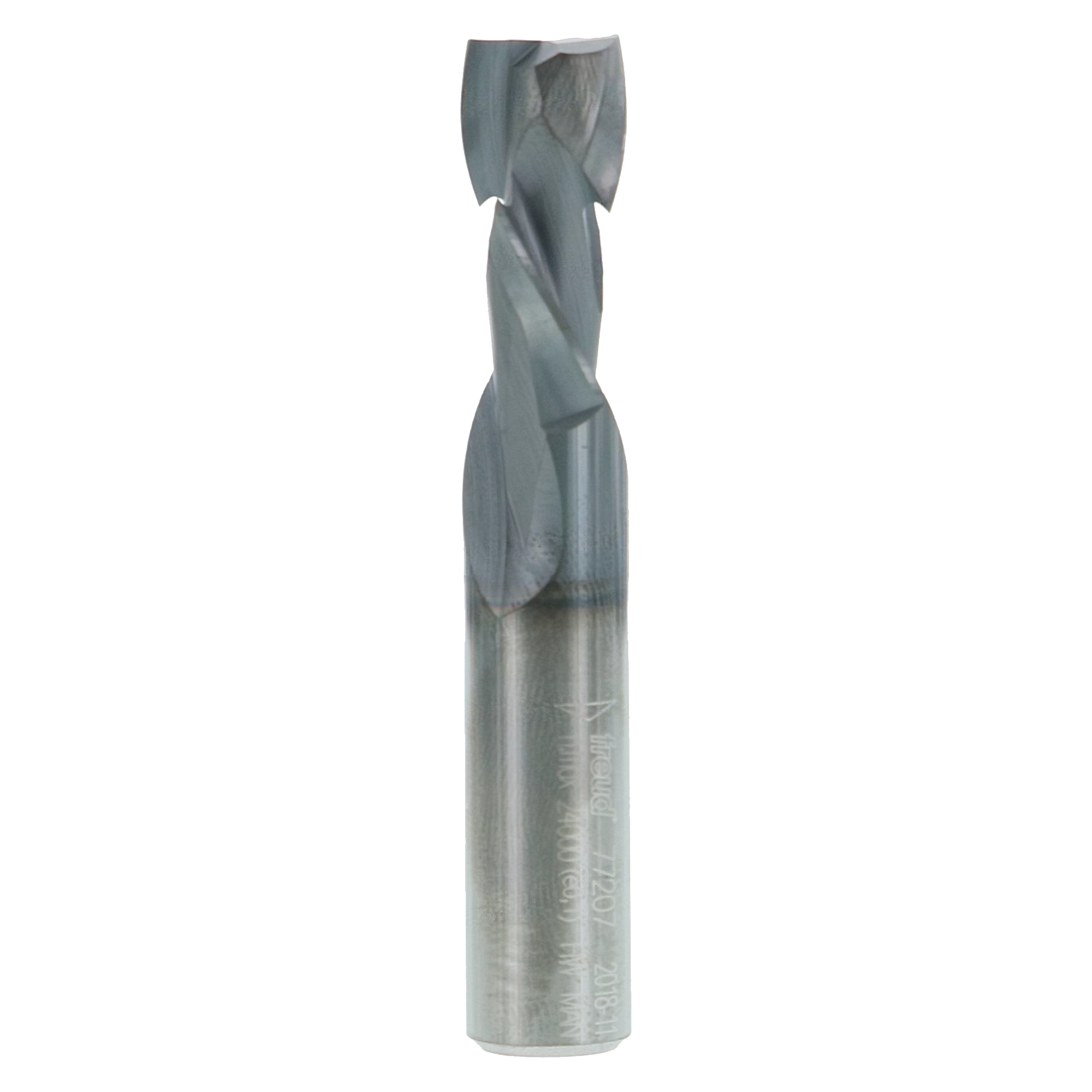 Gray metal router bit with double compression cutting edges and cylindrical shank.