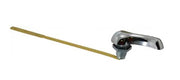 Chrome and brass toilet tank lever with angled arm and mechanical linkage connector.