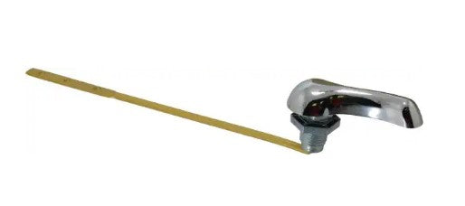 Chrome and brass toilet tank lever with angled arm and mechanical linkage connector.