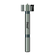 Silver and black Forstner bit with cylindrical shaft and flat cutting head with center point.