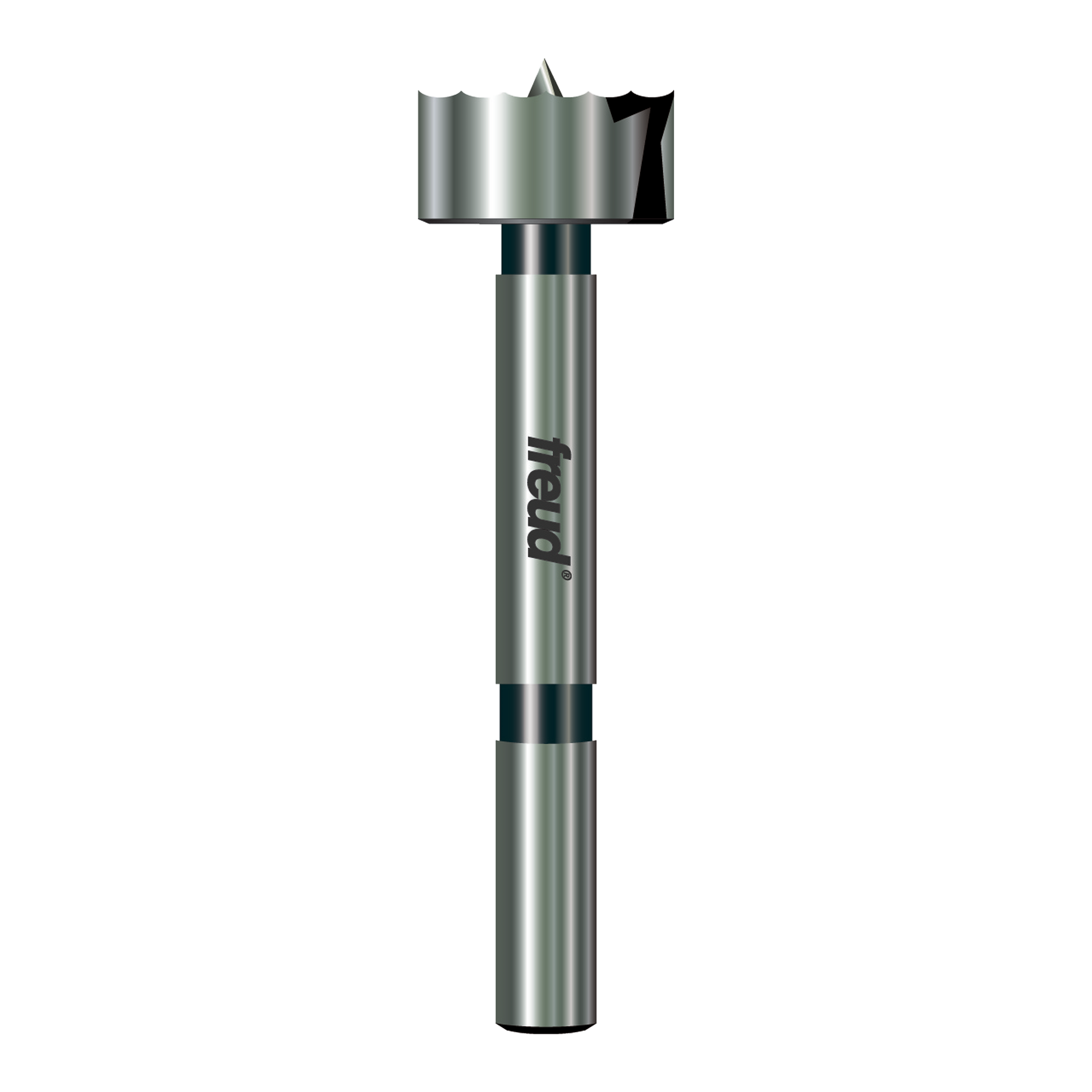 Silver and black Forstner bit with cylindrical shaft and flat cutting head with center point.