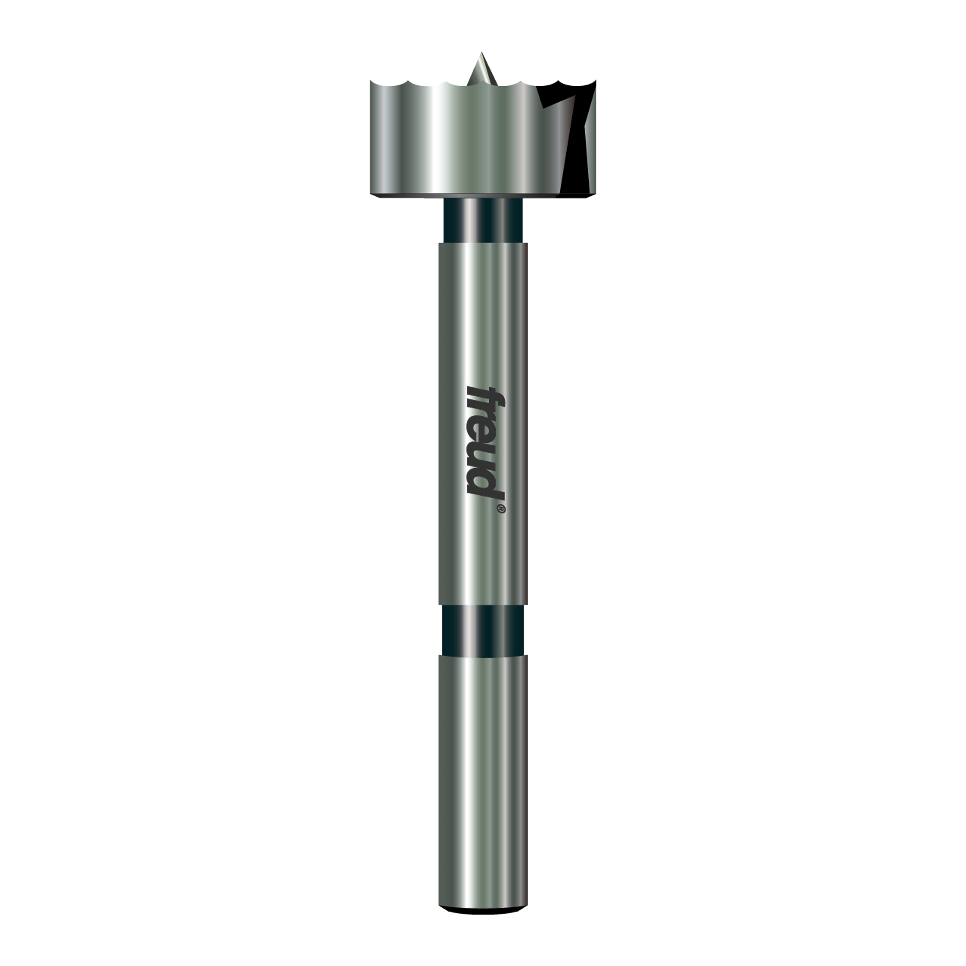 Silver and black Forstner bit with cylindrical shaft and flat cutting head with center point.