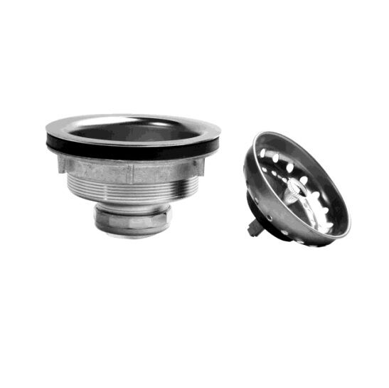 Stainless steel sink strainer with threaded body and removable perforated basket insert.