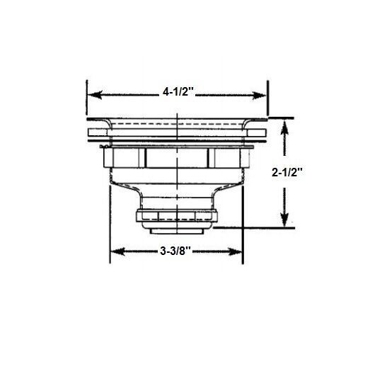 Stainless steel sink strainer with stick post basket and dimensions labeled: 4-1/2" width, 3-3/8" base, 2-1/2" height.