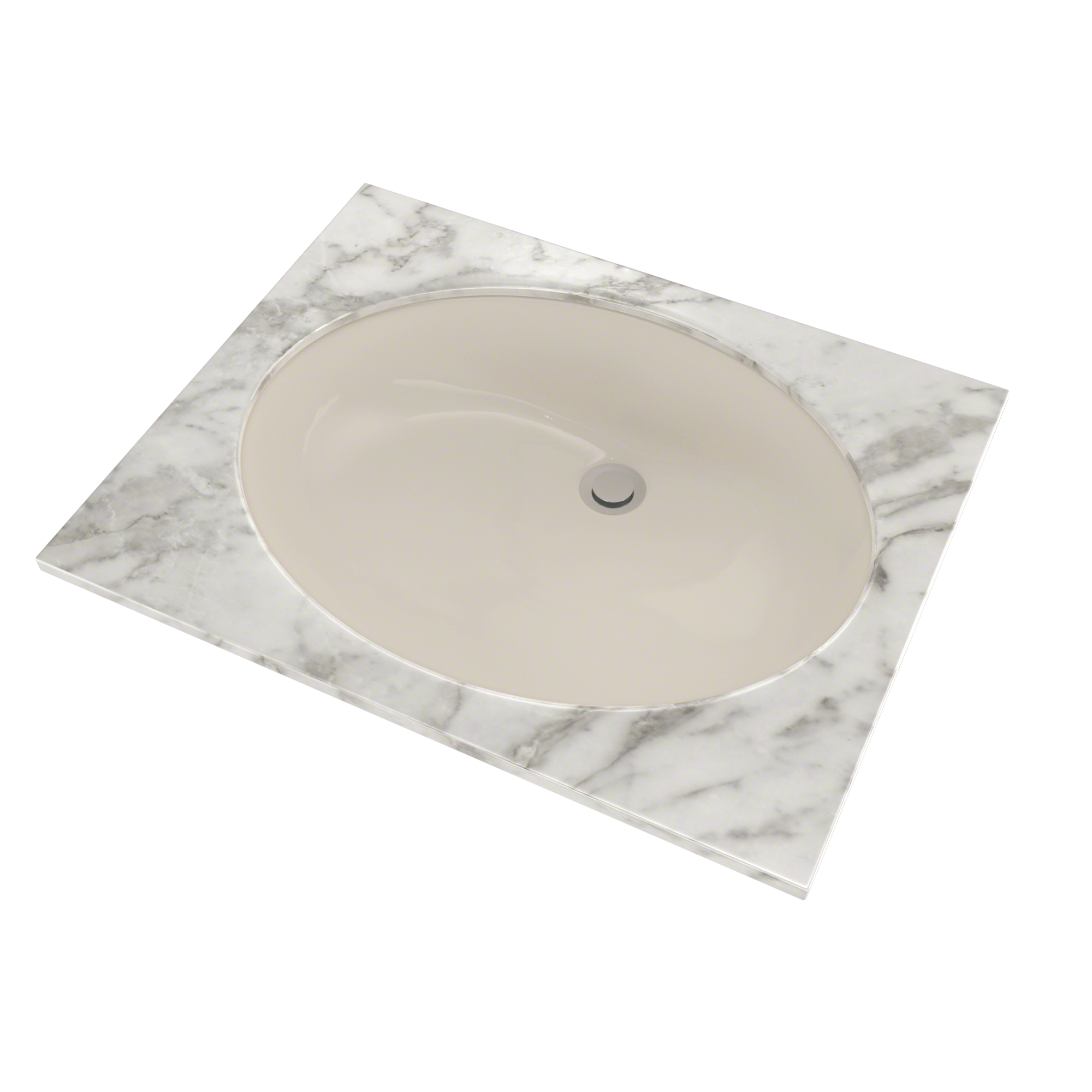 Sedona beige oval undermount sink with chrome drain, set in white marble countertop.