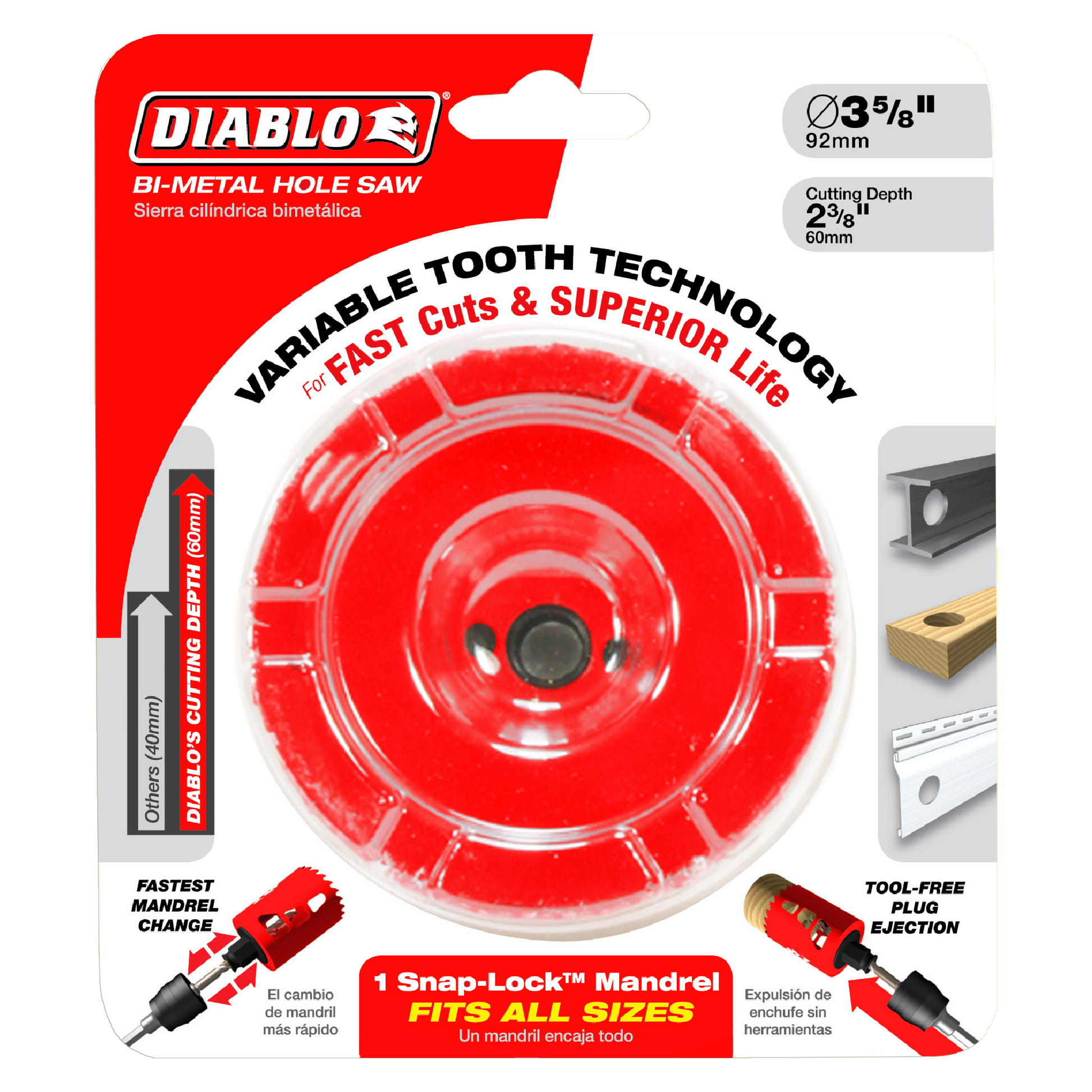 Diablo DHS3500 3-5/8 inch red bi-metal hole saw with variable tooth technology and Snap-Lock mandrel on packaging.