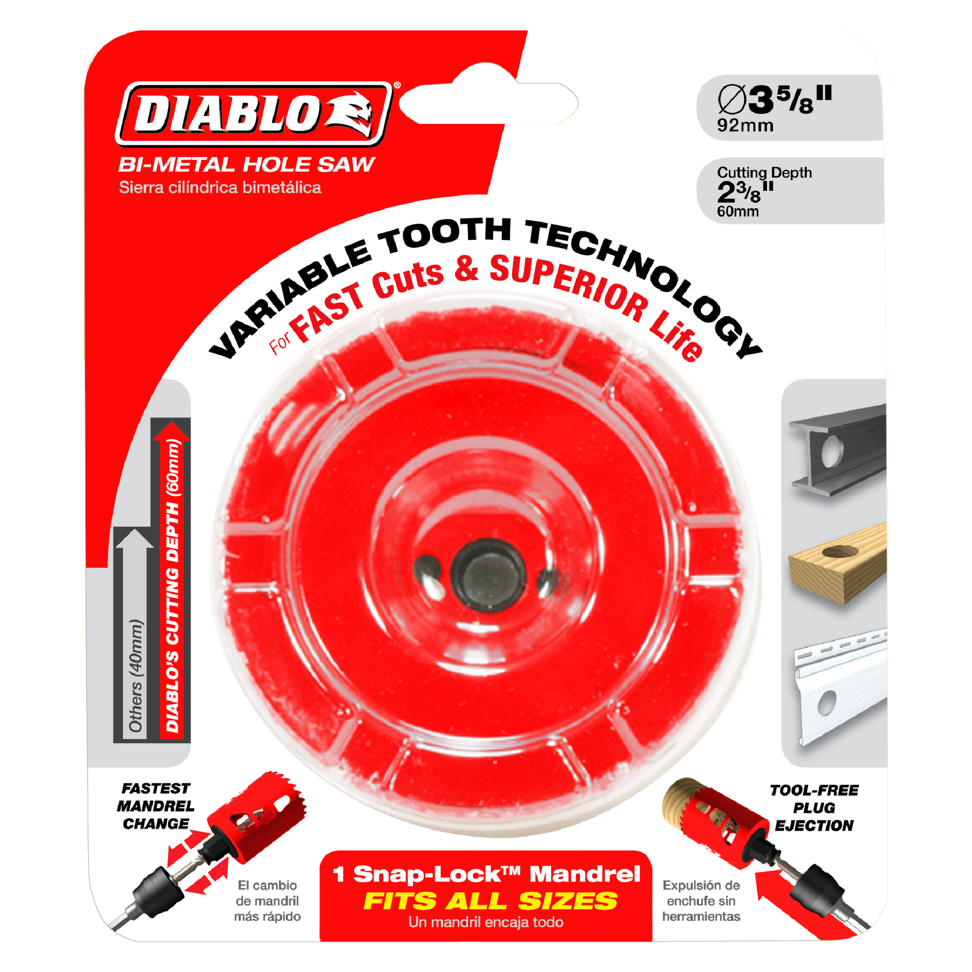 Diablo DHS3500 3-5/8 inch red bi-metal hole saw with variable tooth technology and Snap-Lock mandrel on packaging.