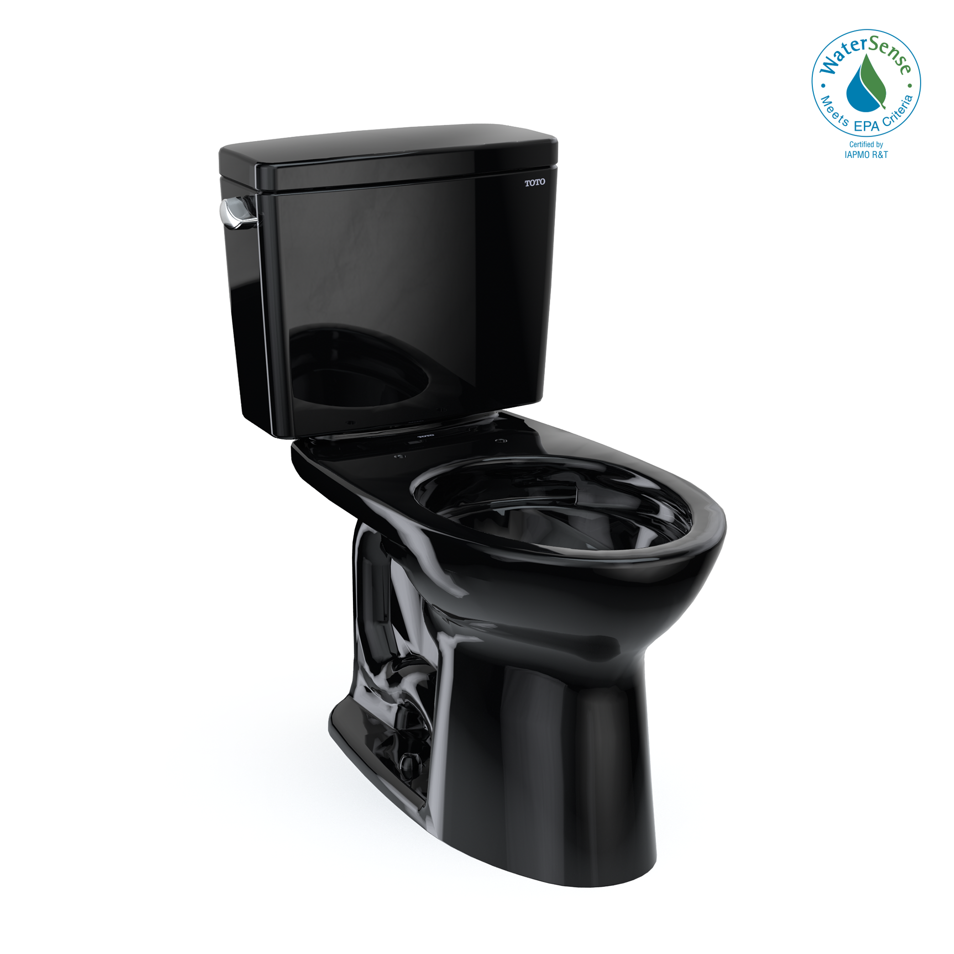 Ebony two-piece elongated toilet with tank, bowl, and open lid shown from angled view.