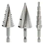 Three Diablo step drill bits with cone-shaped cutting heads and hexagonal shanks, displayed side by side.