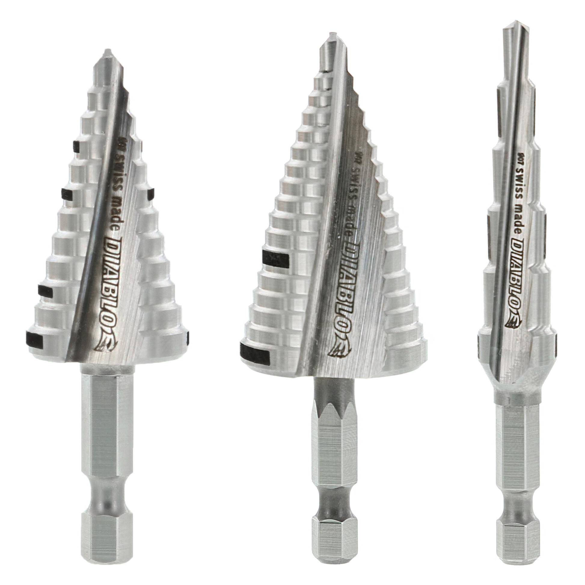Three Diablo step drill bits with cone-shaped cutting heads and hexagonal shanks, displayed side by side.