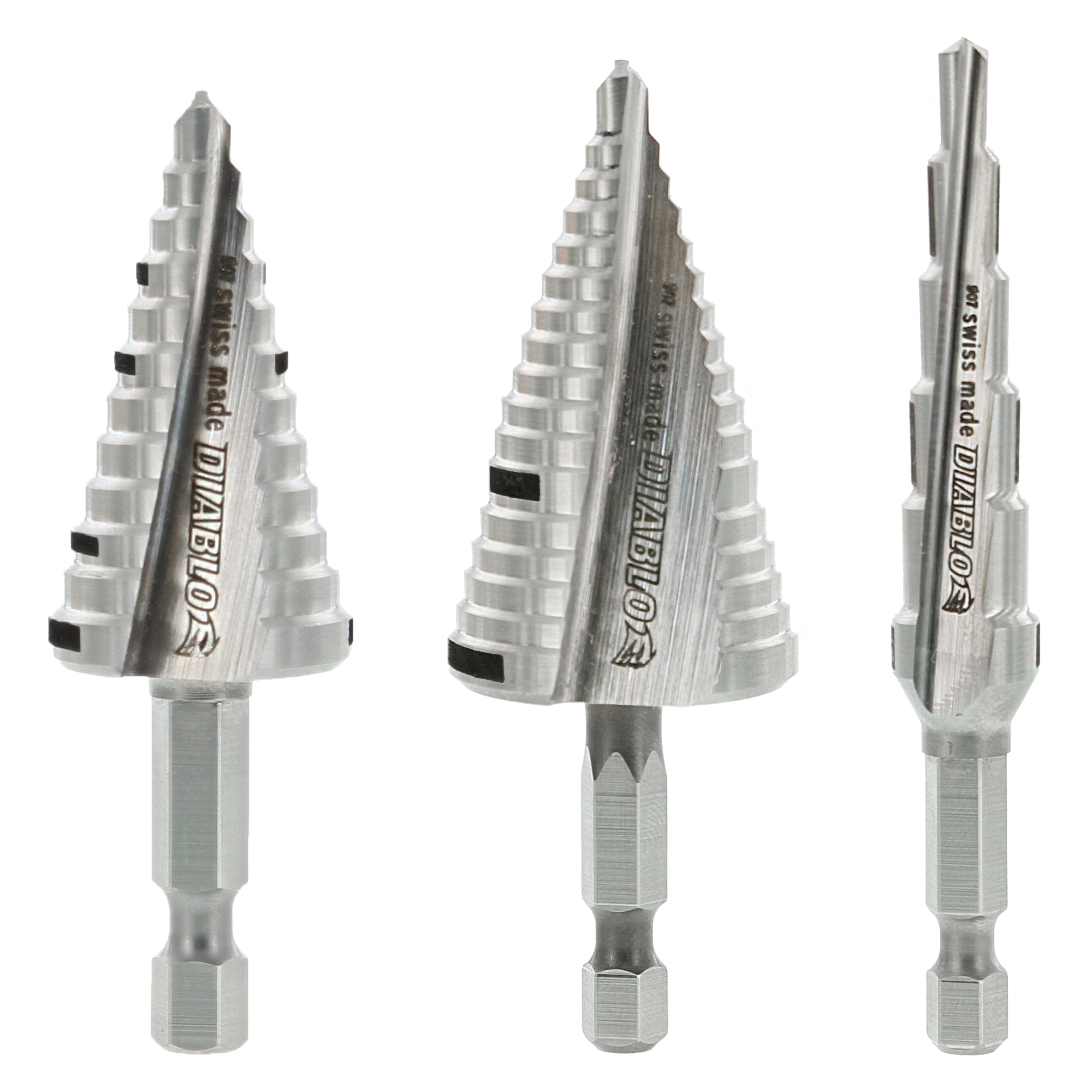 Three Diablo step drill bits with cone-shaped cutting heads and hexagonal shanks, displayed side by side.