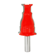 Red casing bit with gray cutting edges and silver metal shank.