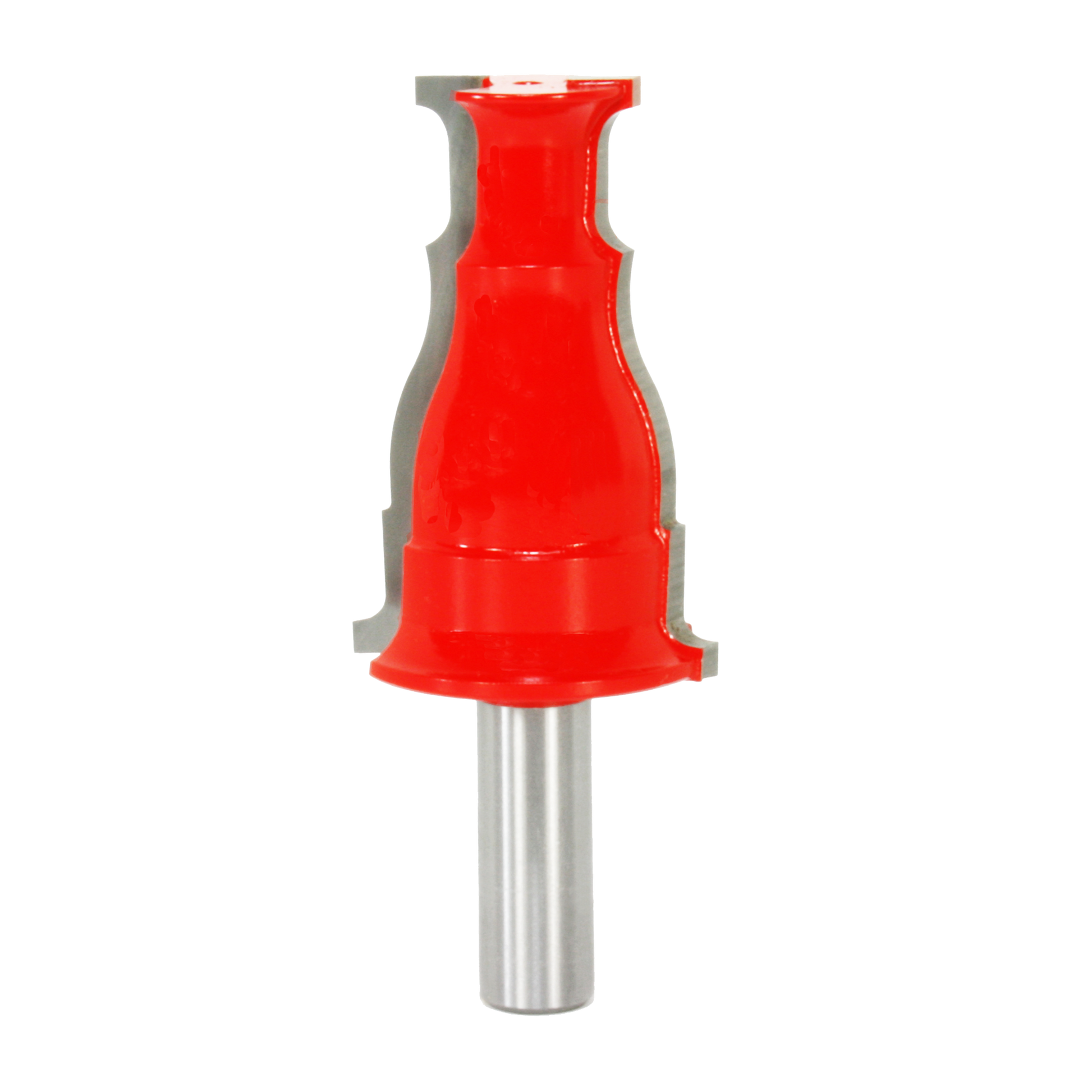 Red casing bit with gray cutting edges and silver metal shank.