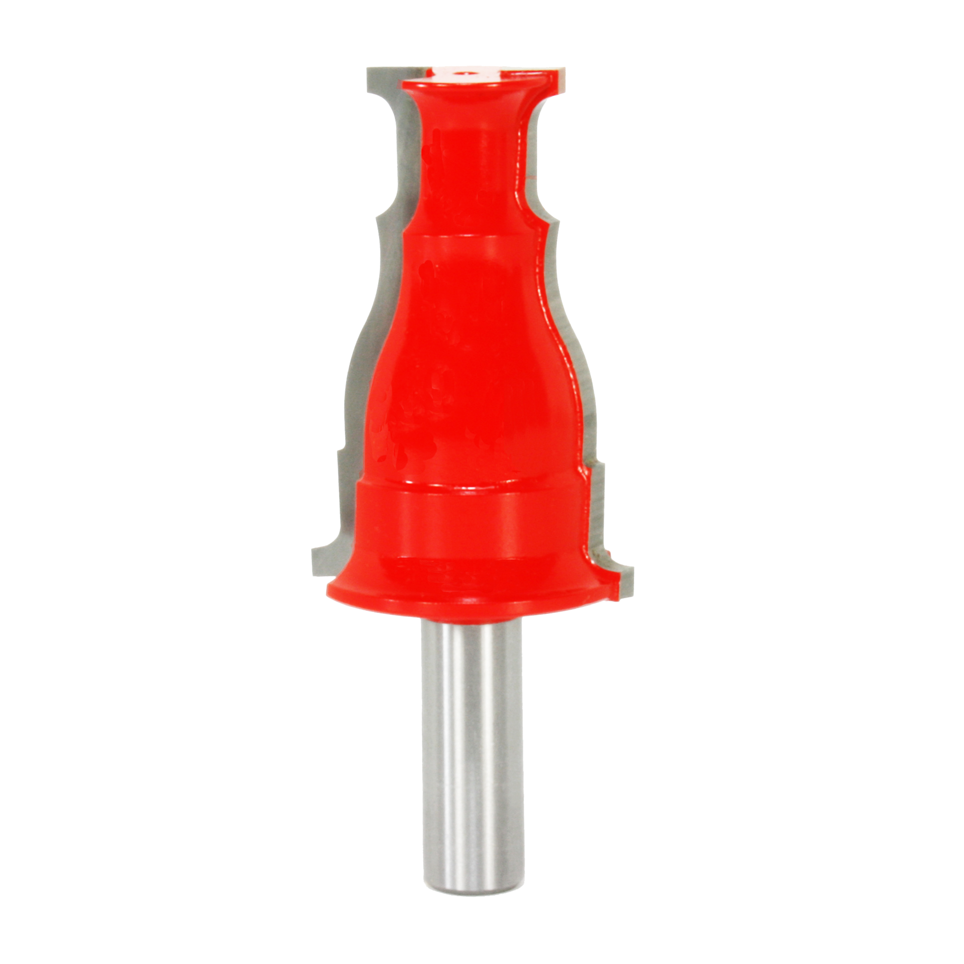Red casing bit with gray cutting edges and silver metal shank.