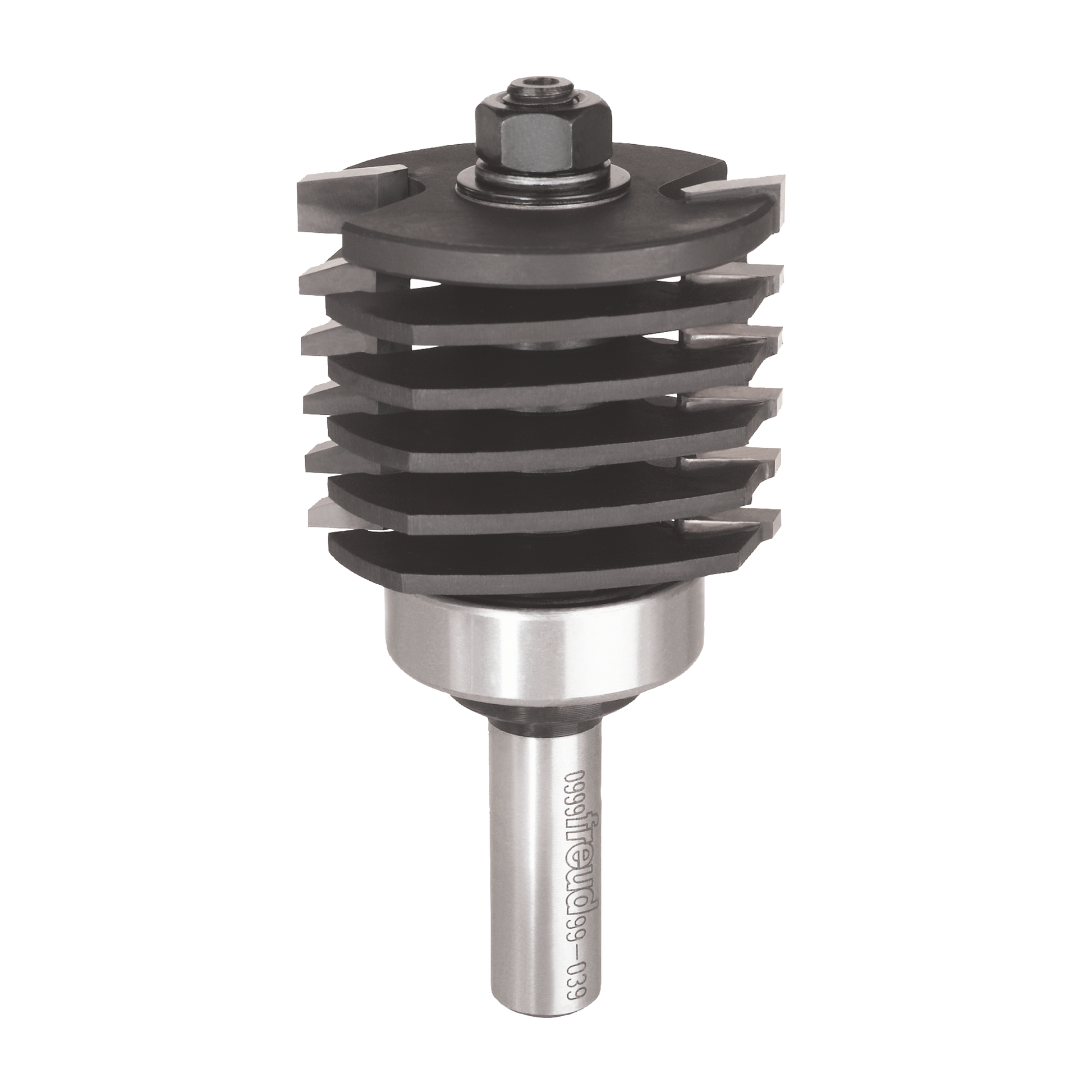 Freud 2-inch variable height finger joint router bit with stacked cutting heads and steel shank.