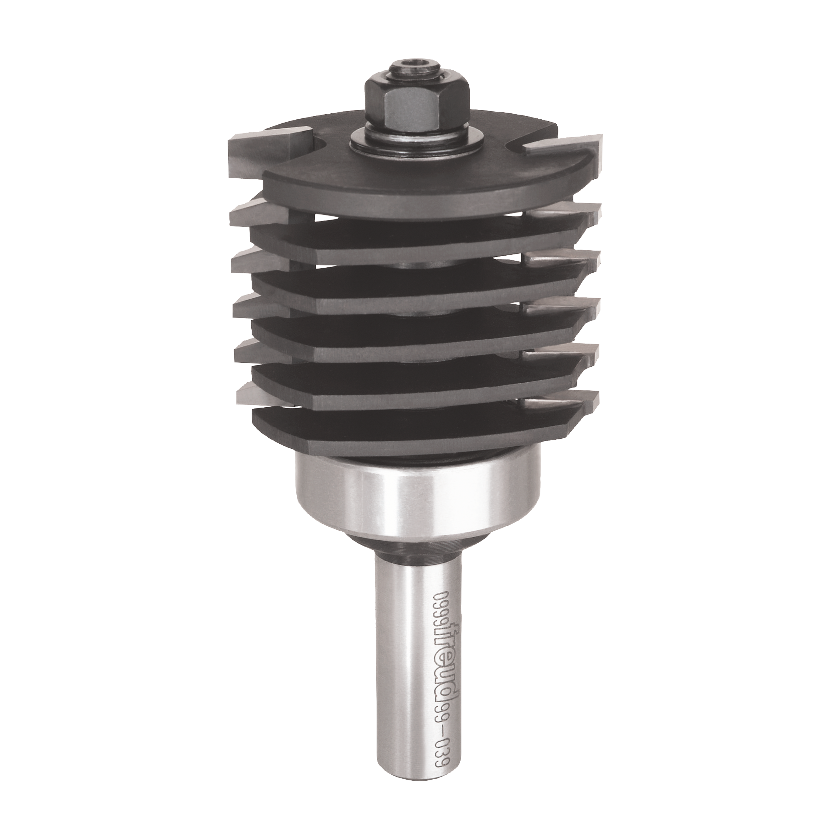 Freud 2-inch variable height finger joint router bit with stacked cutting heads and steel shank.