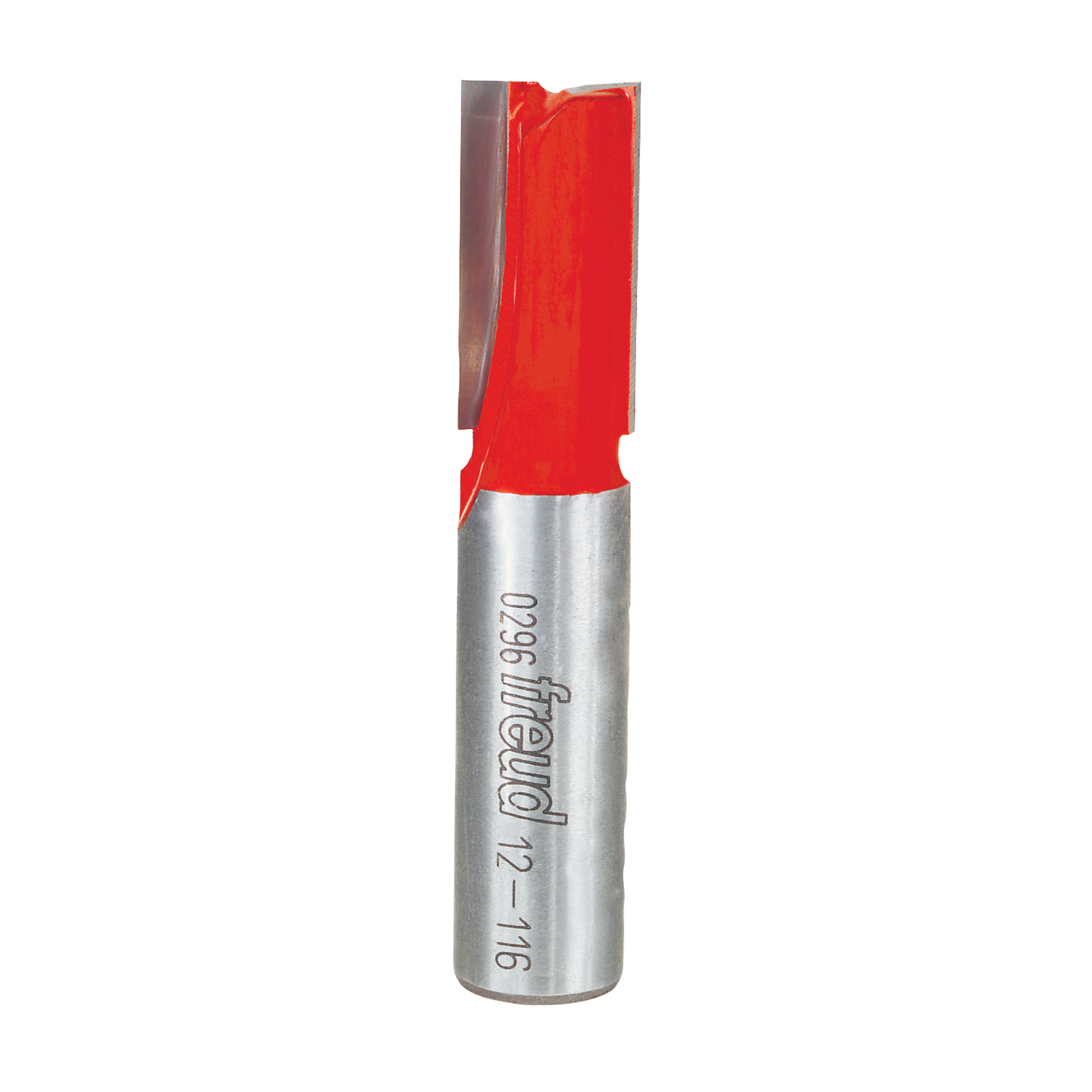 Straight router bit with red cutting head and metallic silver shank, labeled "Freud 12-116" on cylindrical body.