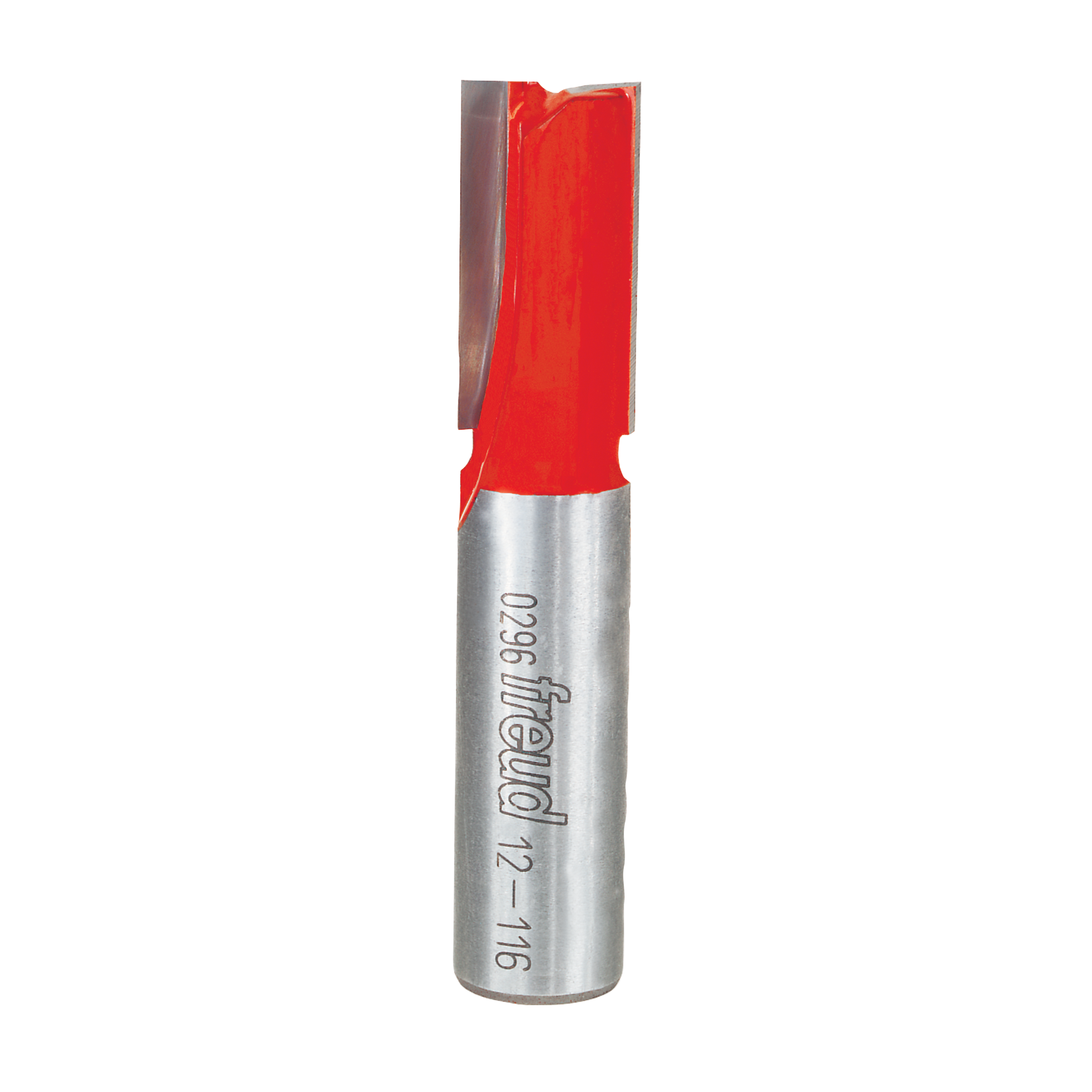 Straight router bit with red cutting head and metallic silver shank, labeled "Freud 12-116" on cylindrical body.