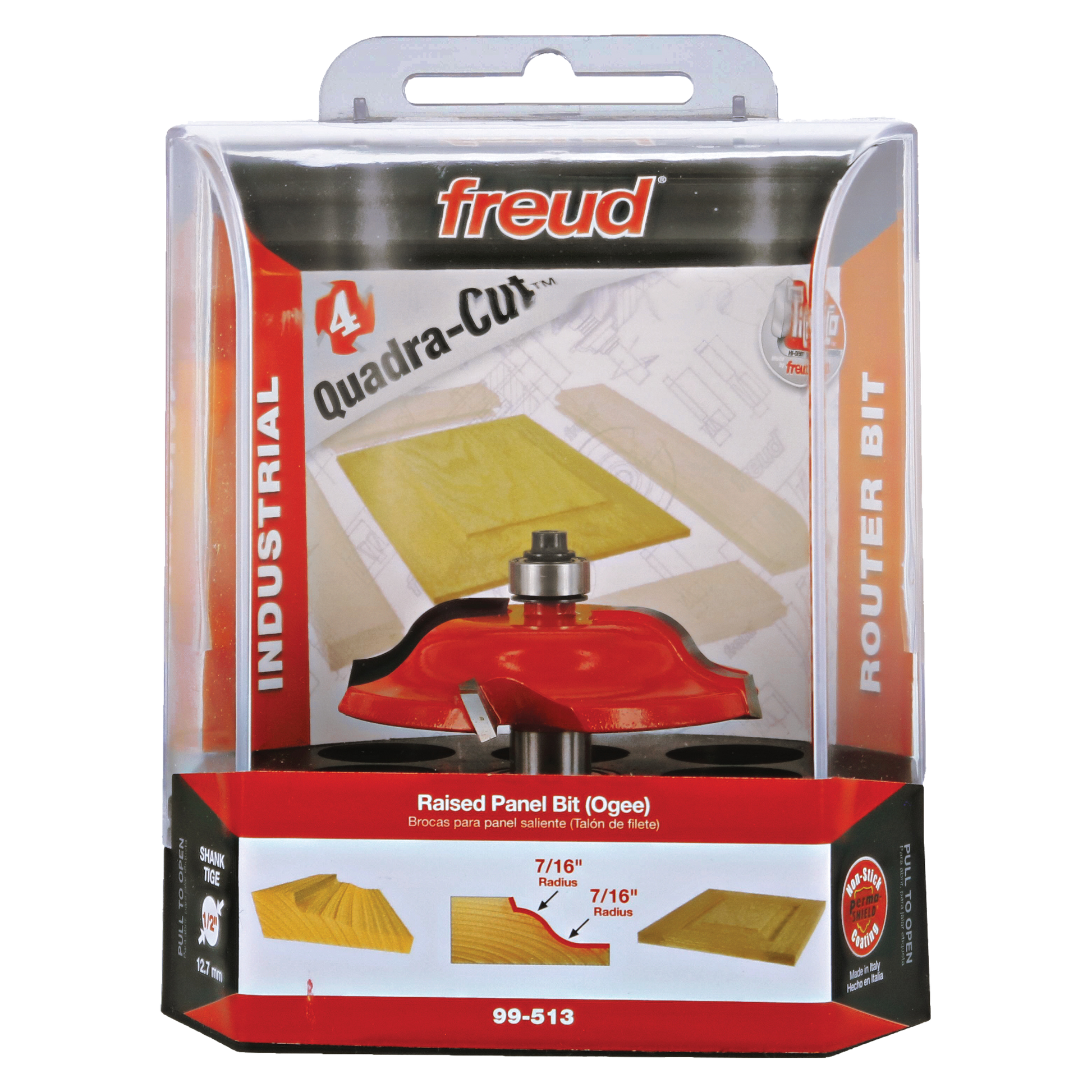 Freud raised panel router bit with red body, metal shank, and yellow cutting edges in clear plastic clamshell packaging.
