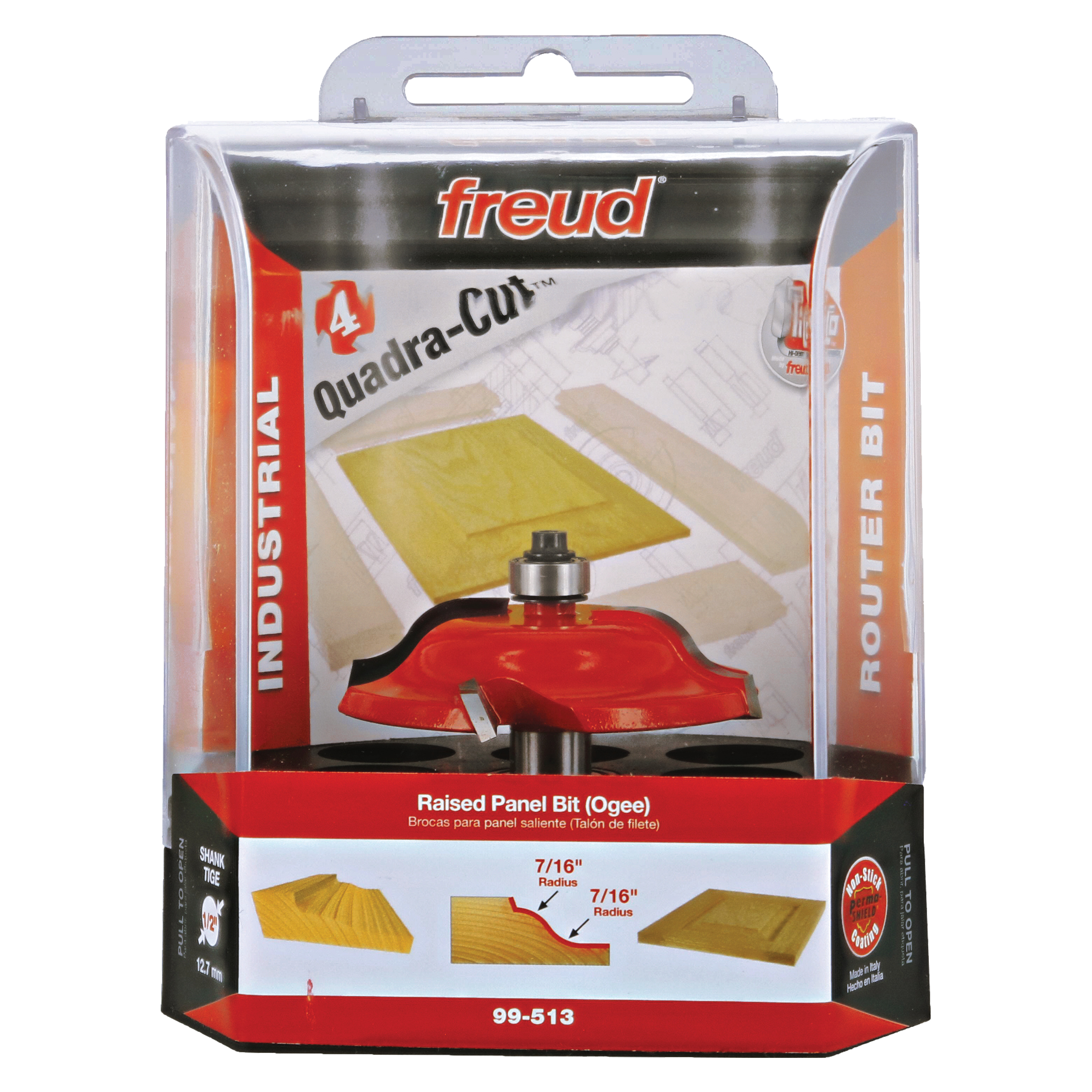 Freud raised panel router bit with red body, metal shank, and yellow cutting edges in clear plastic clamshell packaging.