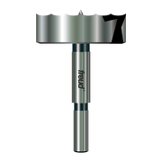 Freud brand Forstner bit with wide cylindrical cutting head and center point on cylindrical shank.