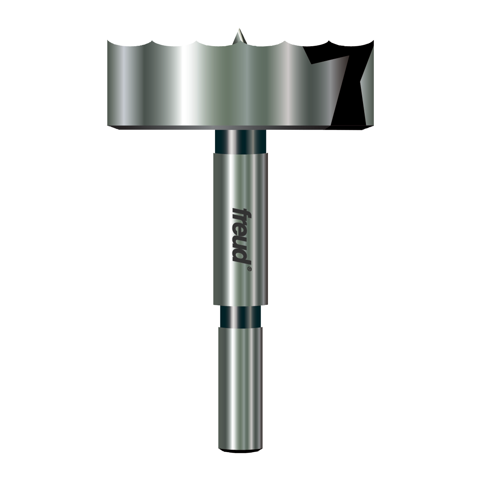 Freud brand Forstner bit with wide cylindrical cutting head and center point on cylindrical shank.