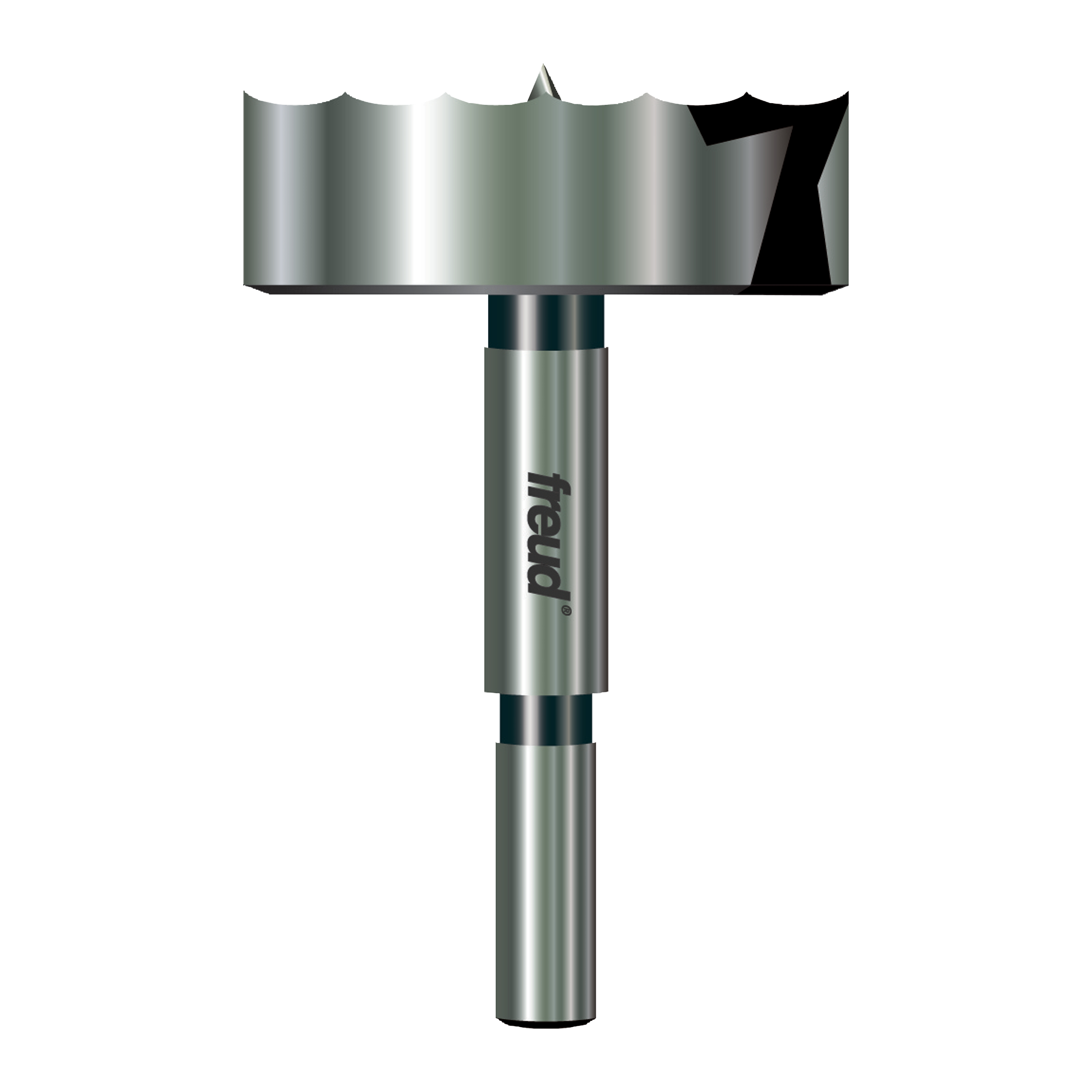 Freud brand Forstner bit with wide cylindrical cutting head and center point on cylindrical shank.