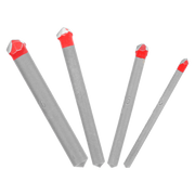Four carbide-tipped drill bits with red tips and gray shafts, arranged in decreasing size order.