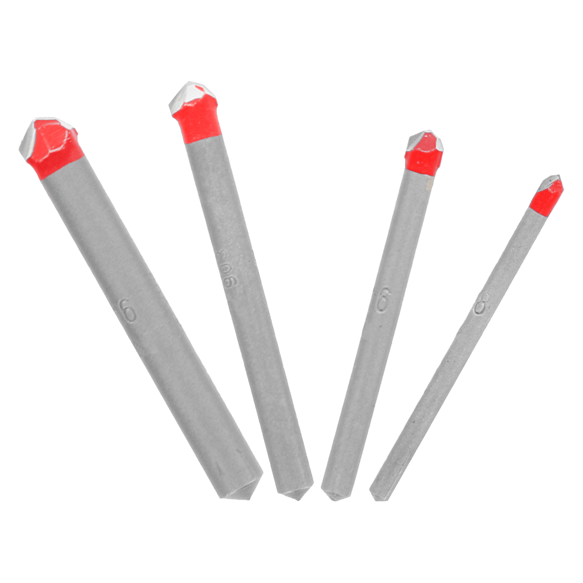 Four carbide-tipped drill bits with red tips and gray shafts, arranged in decreasing size order.