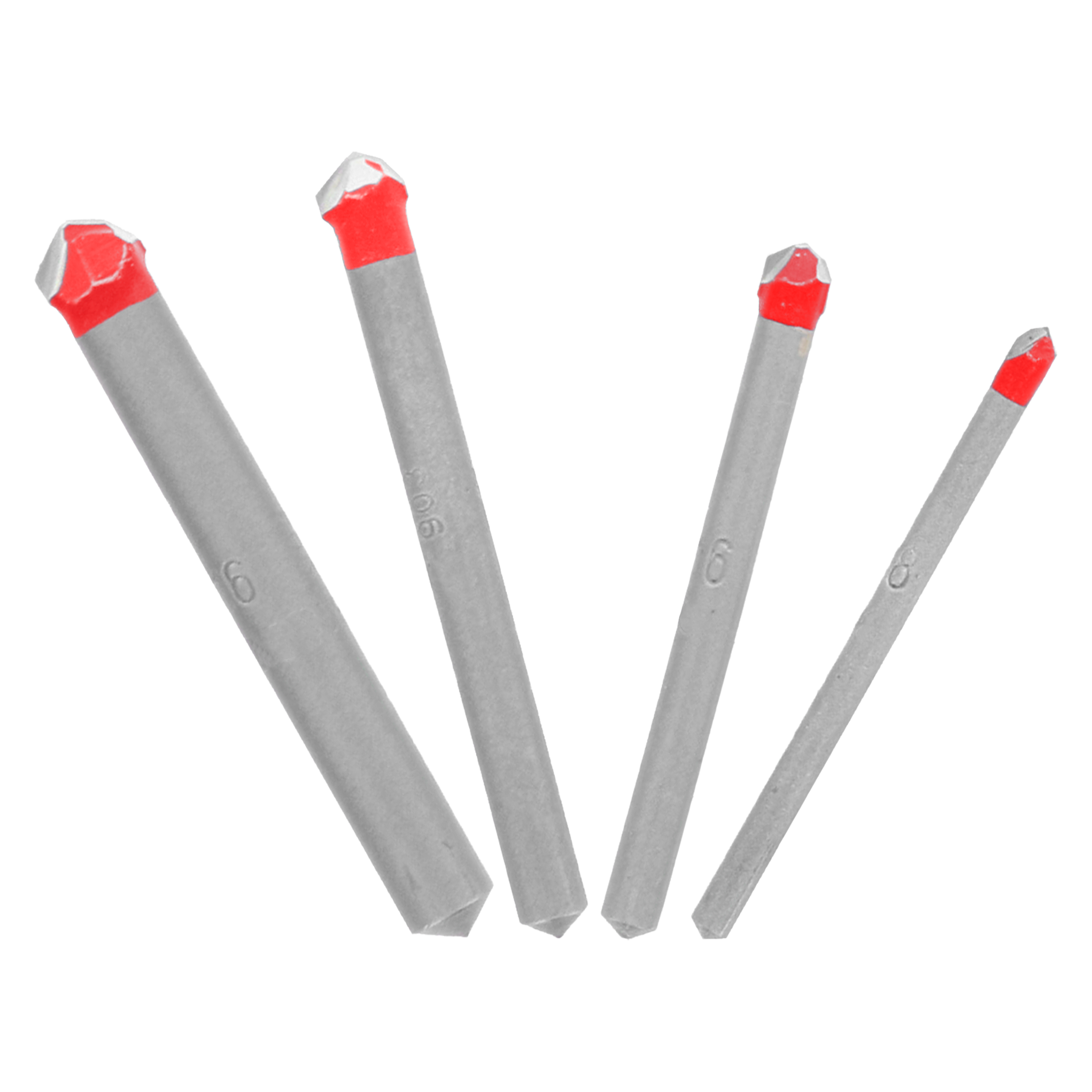 Four carbide-tipped drill bits with red tips and gray shafts, arranged in decreasing size order.
