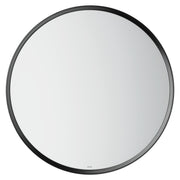 Circular wall mirror with matte black metal frame and reflective glass center.