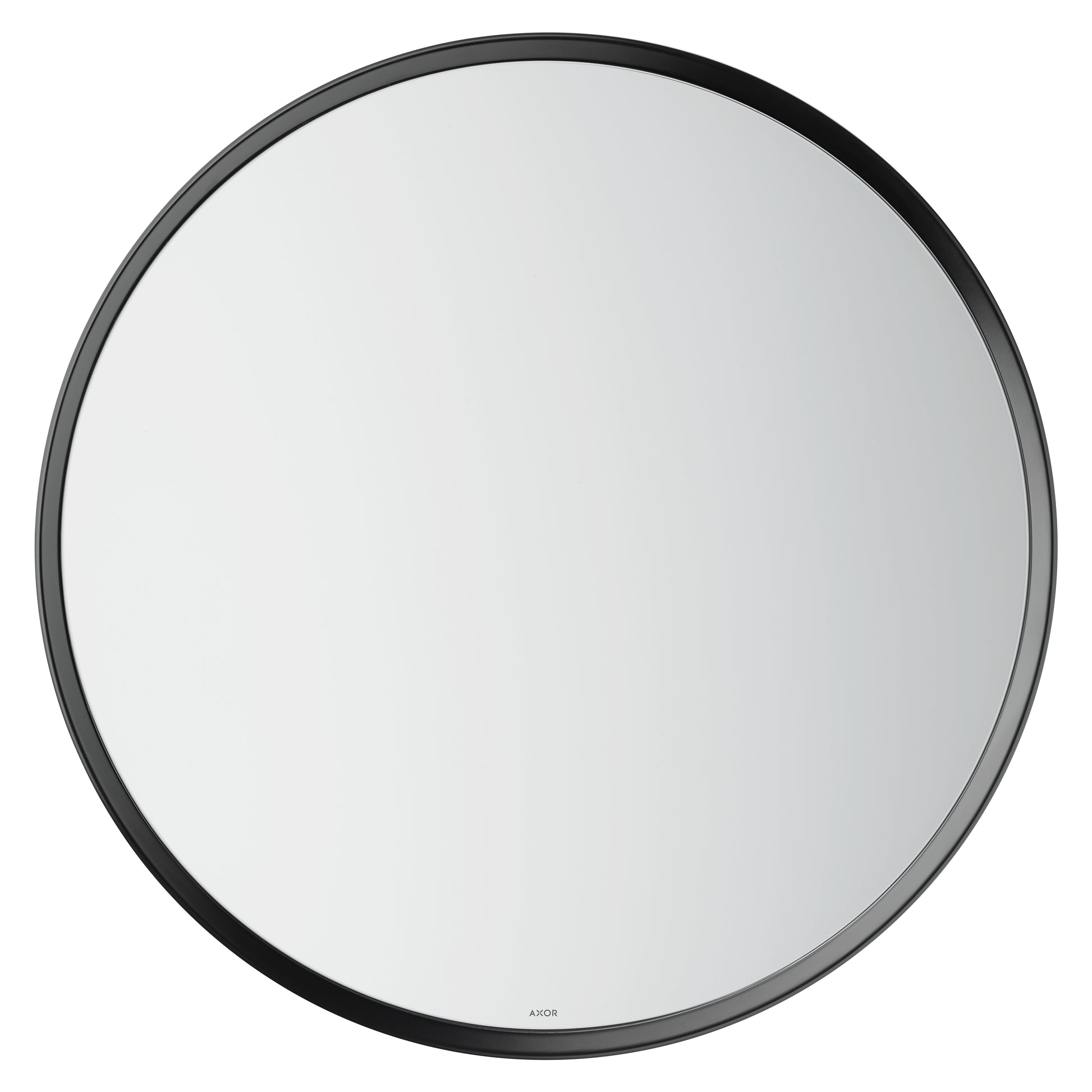 Circular wall mirror with matte black metal frame and reflective glass center.