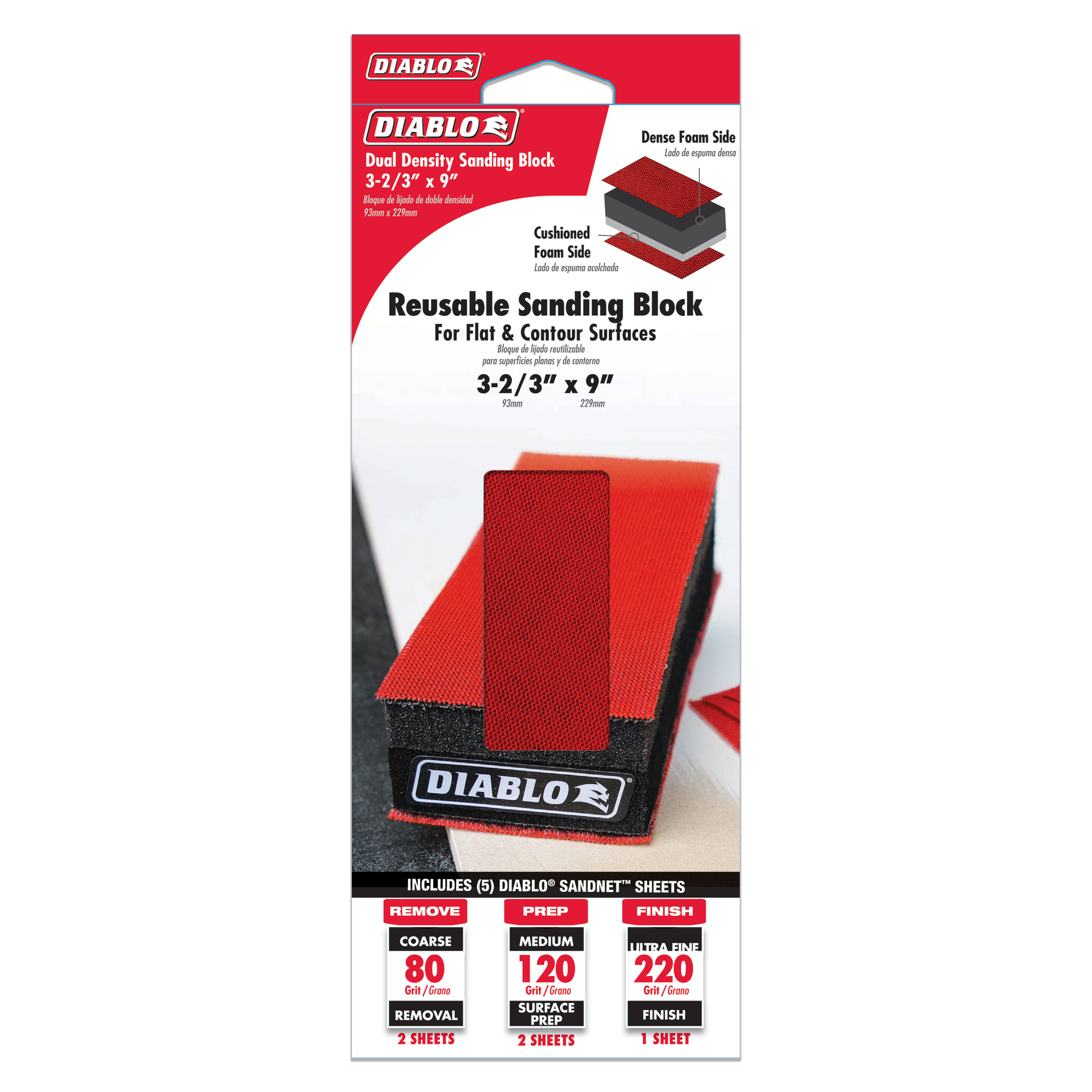 Diablo dual density sanding block with red cushioned foam side and dense foam side, includes sandpaper sheets.