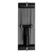 Drywall pole sander with black rubber rollers, gray sanding pad, and centered handle grip viewed from front.