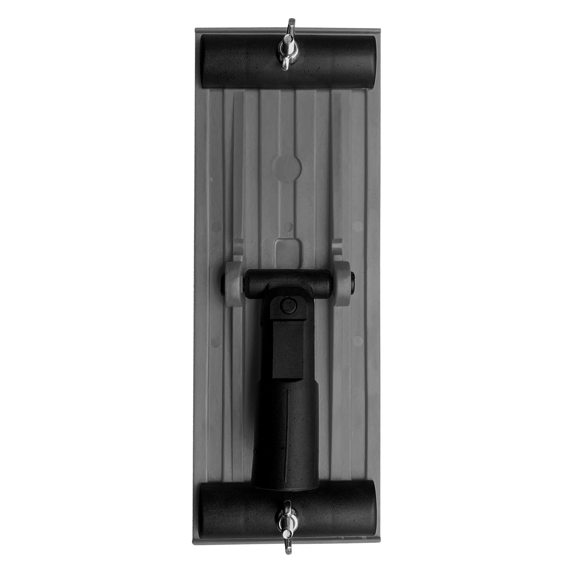 Drywall pole sander with black rubber rollers, gray sanding pad, and centered handle grip viewed from front.