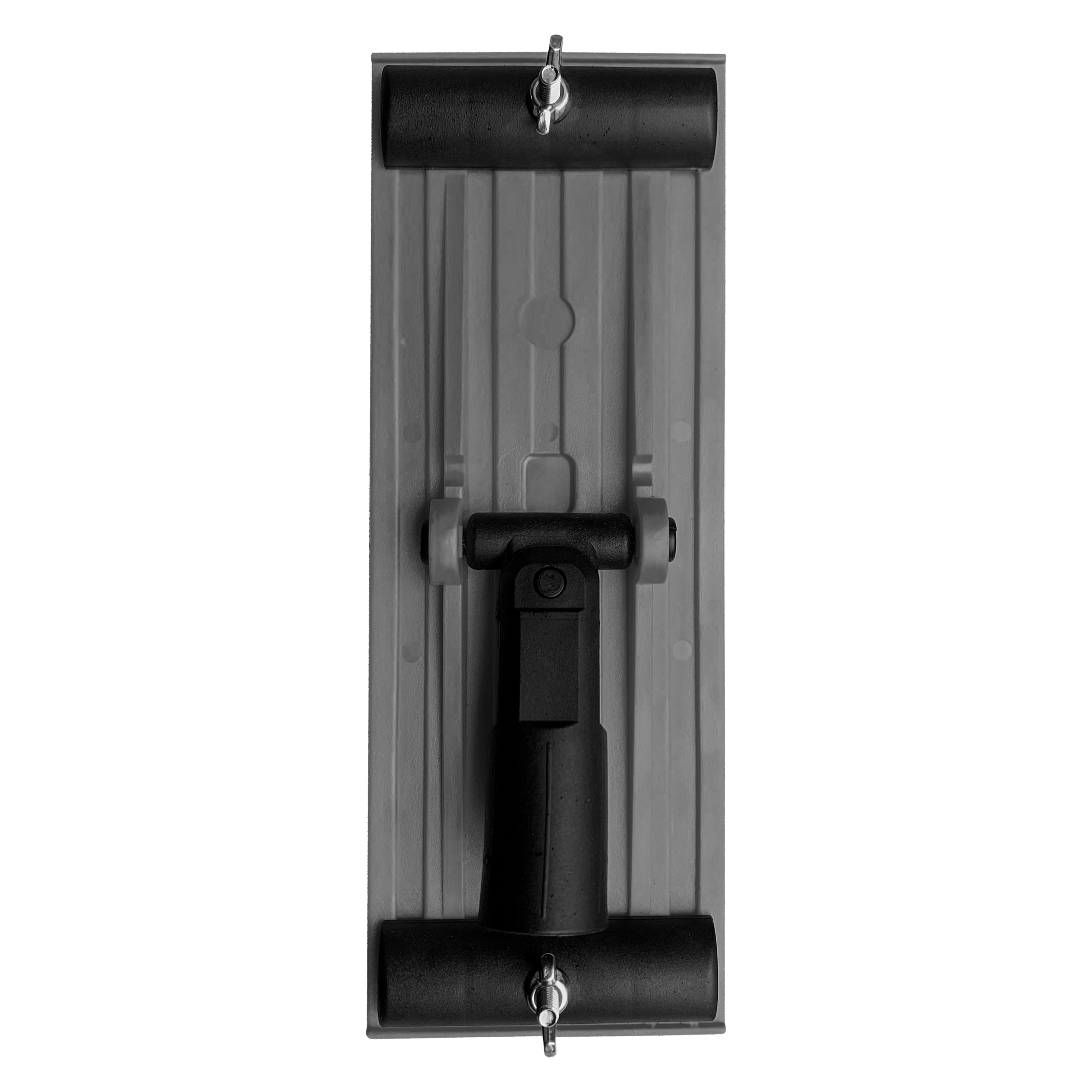 Drywall pole sander with black rubber rollers, gray sanding pad, and centered handle grip viewed from front.