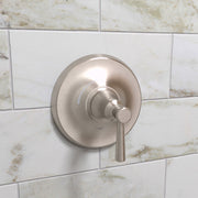 Brushed nickel shower valve trim with circular backplate and lever handle mounted on marble subway tile wall.