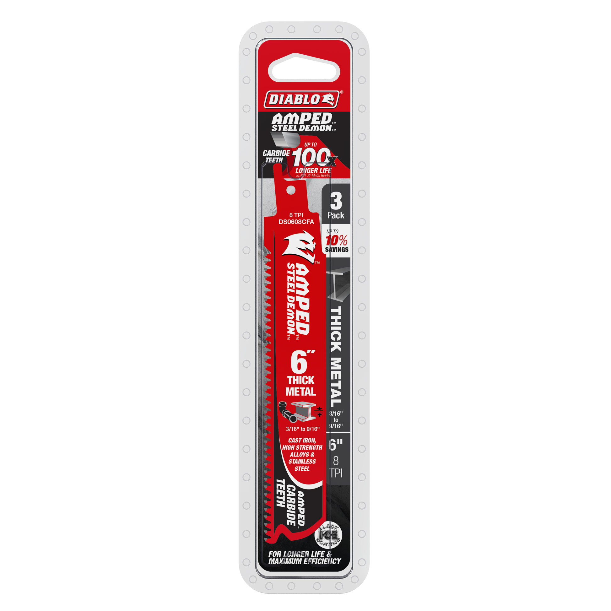 Three 6-inch Diablo Demo Demon carbide reciprocating saw blades with red and black packaging.