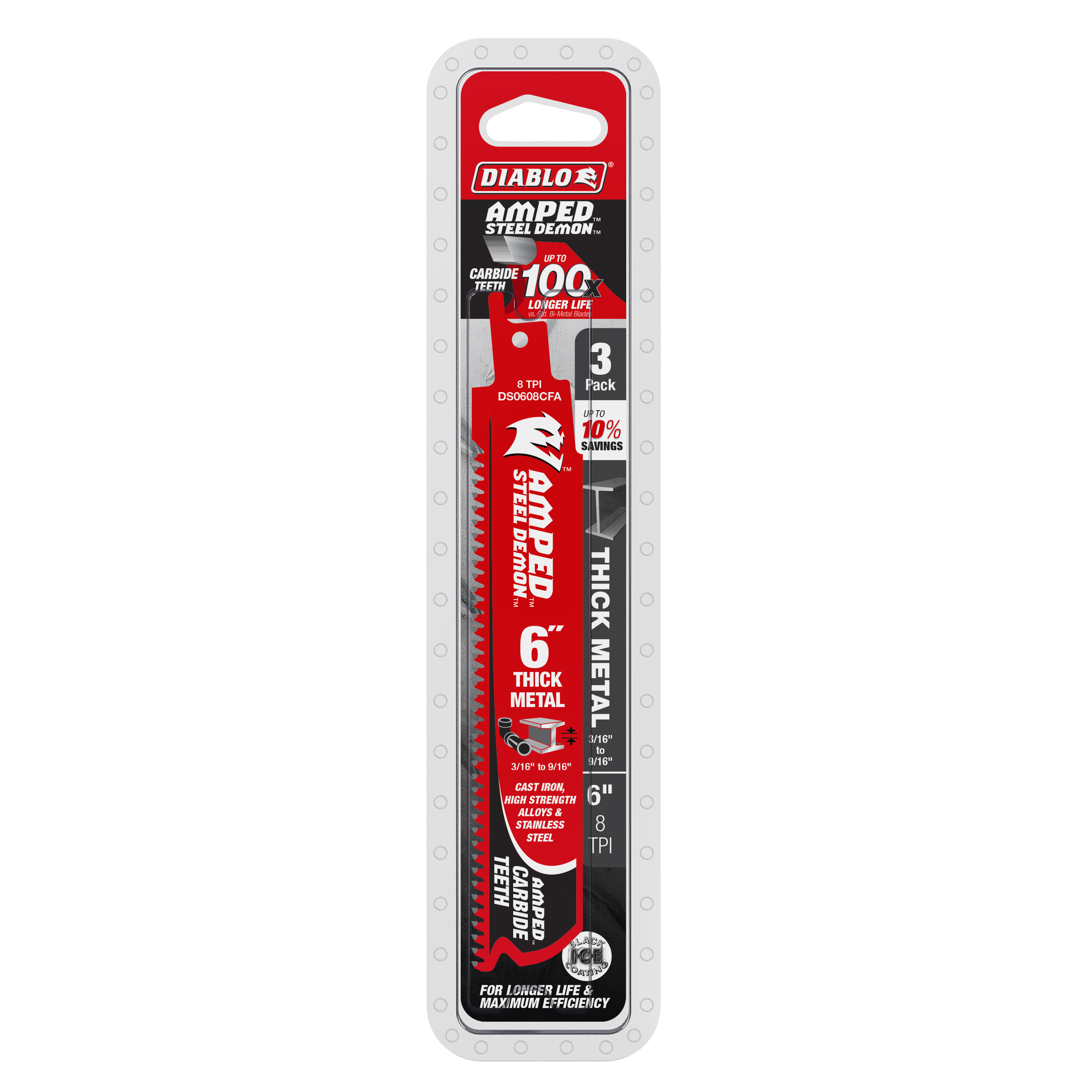 Three 6-inch Diablo Demo Demon carbide reciprocating saw blades with red and black packaging.