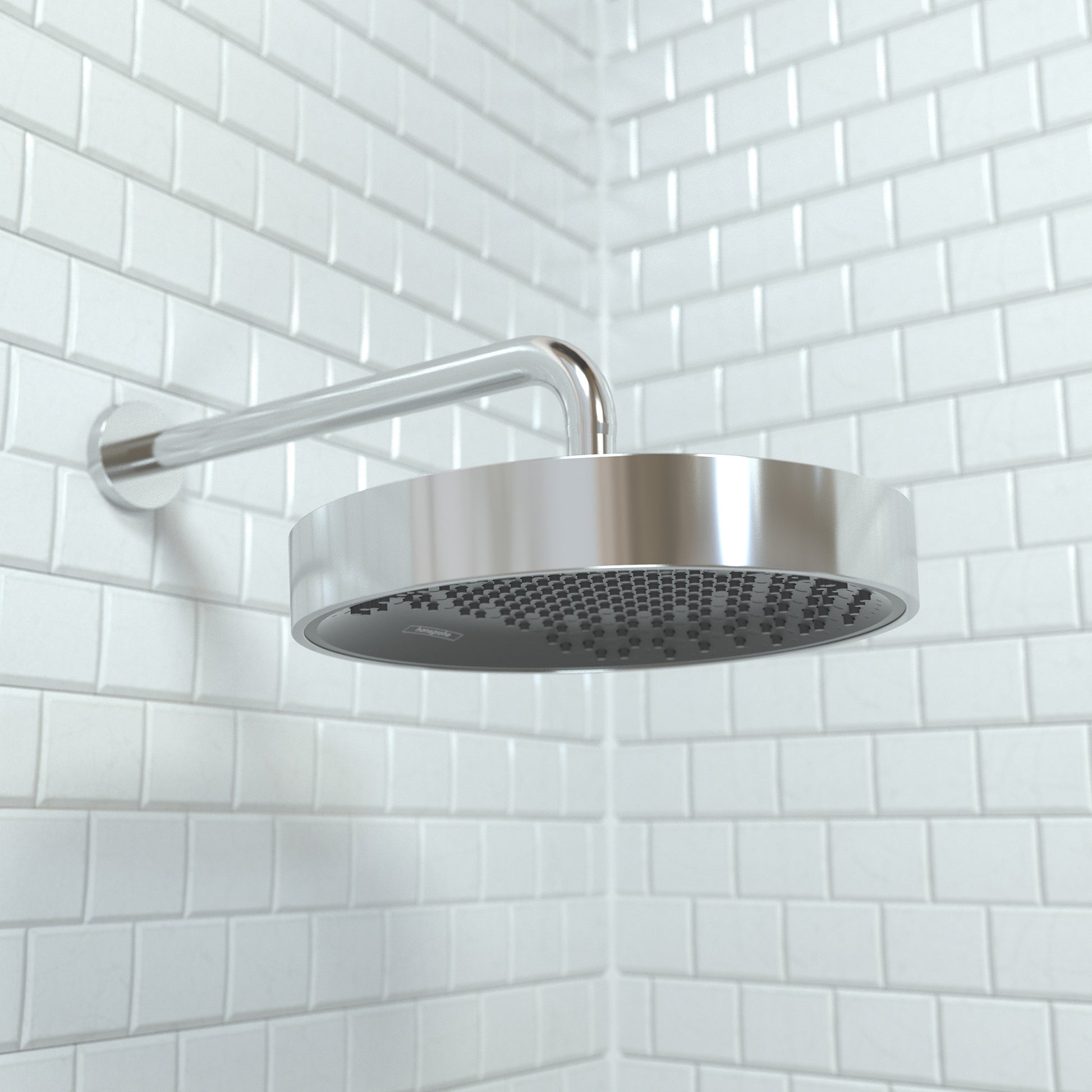 Chrome rainfall shower head with round face and curved arm mounted on white subway tile wall.